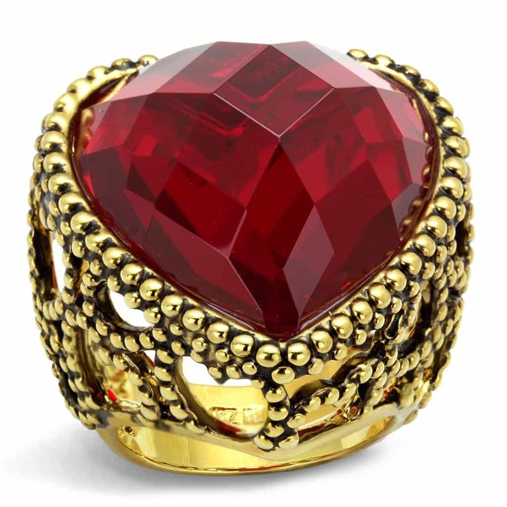 Brass Antique Gold Red Ruby Cushion Beaded Scroll Cocktail Ring view 1