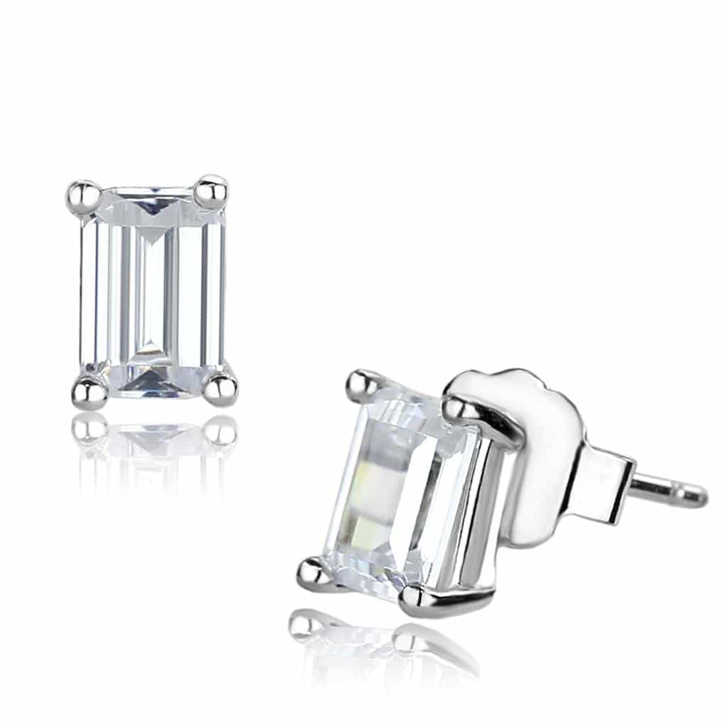 Brass Silver CZ Emerald Cut Stud Earrings | The Stainless Jewelry view 1