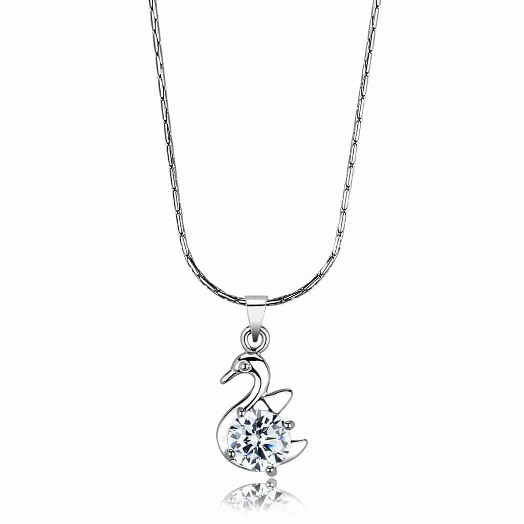 Brass Silver CZ Swan Pendant Necklace | The Stainless Jewelry view 1