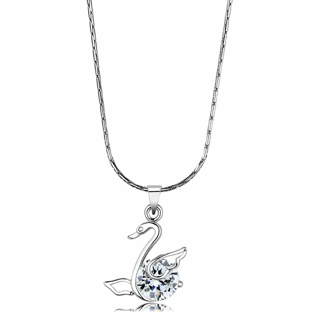 Brass Silver CZ Swan Pendant Necklace LO4155 view 1