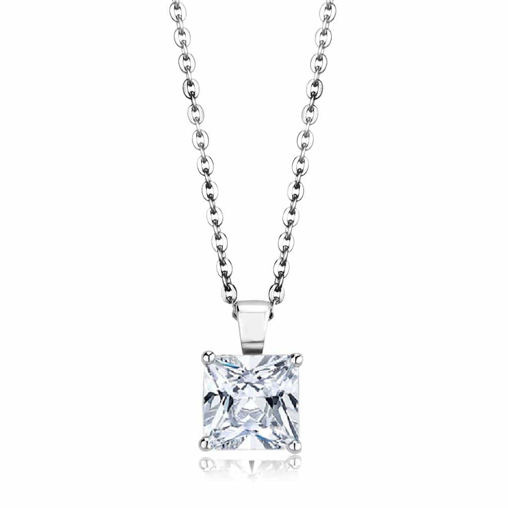 Brass Silver CZ Princess Cut Solitaire Pendant Necklace LO4173 view 1