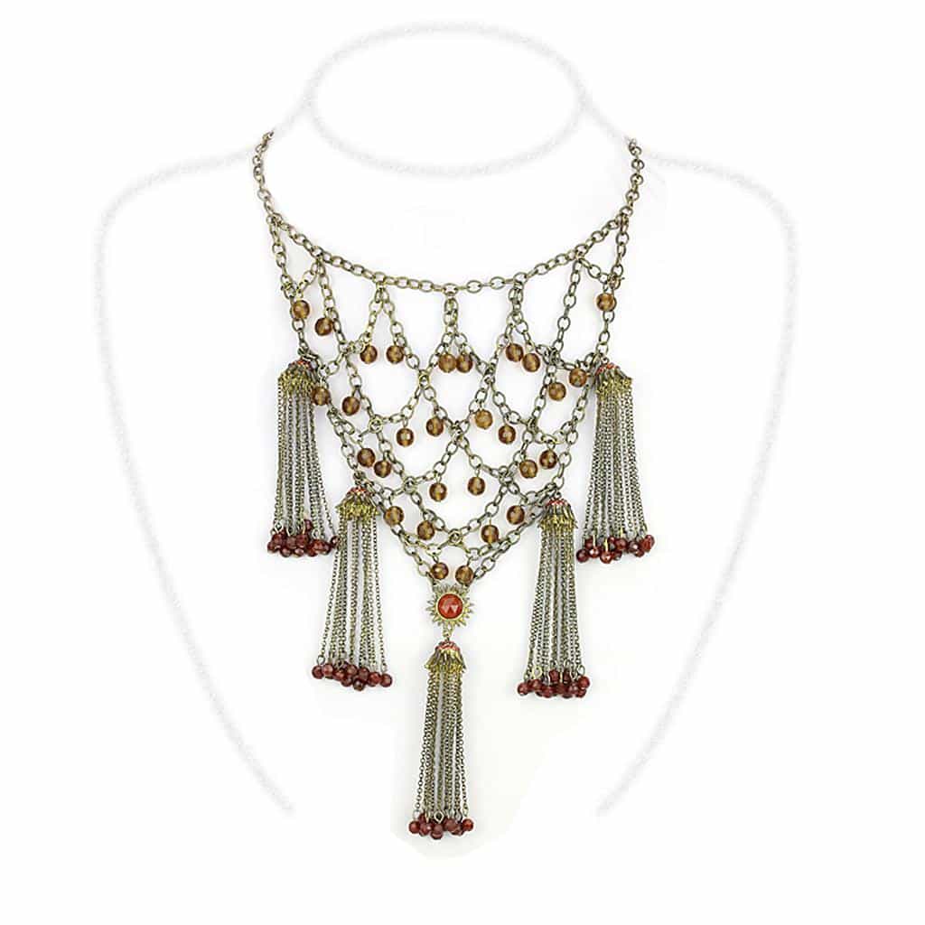 Brass Antique Gold Amber Crystal Chain Tassel Bib Necklace view 1