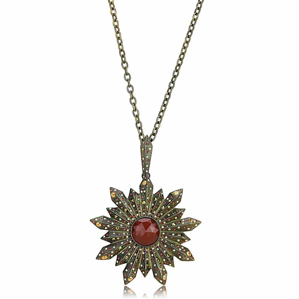 Brass Antique Gold Garnet Sunburst Pendant Necklace view 1