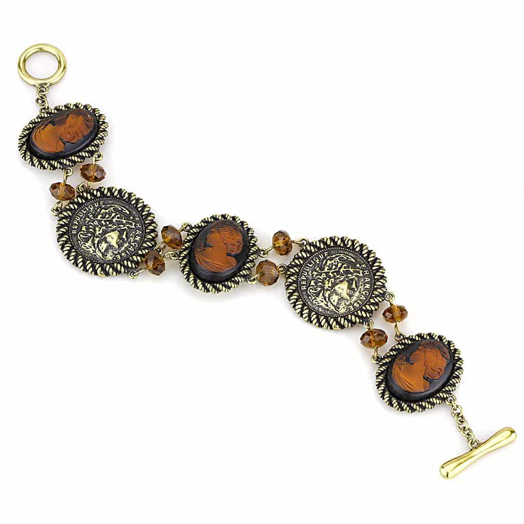 Brass Antique Gold Amber Cameo Medallion Link Bracelet view 1