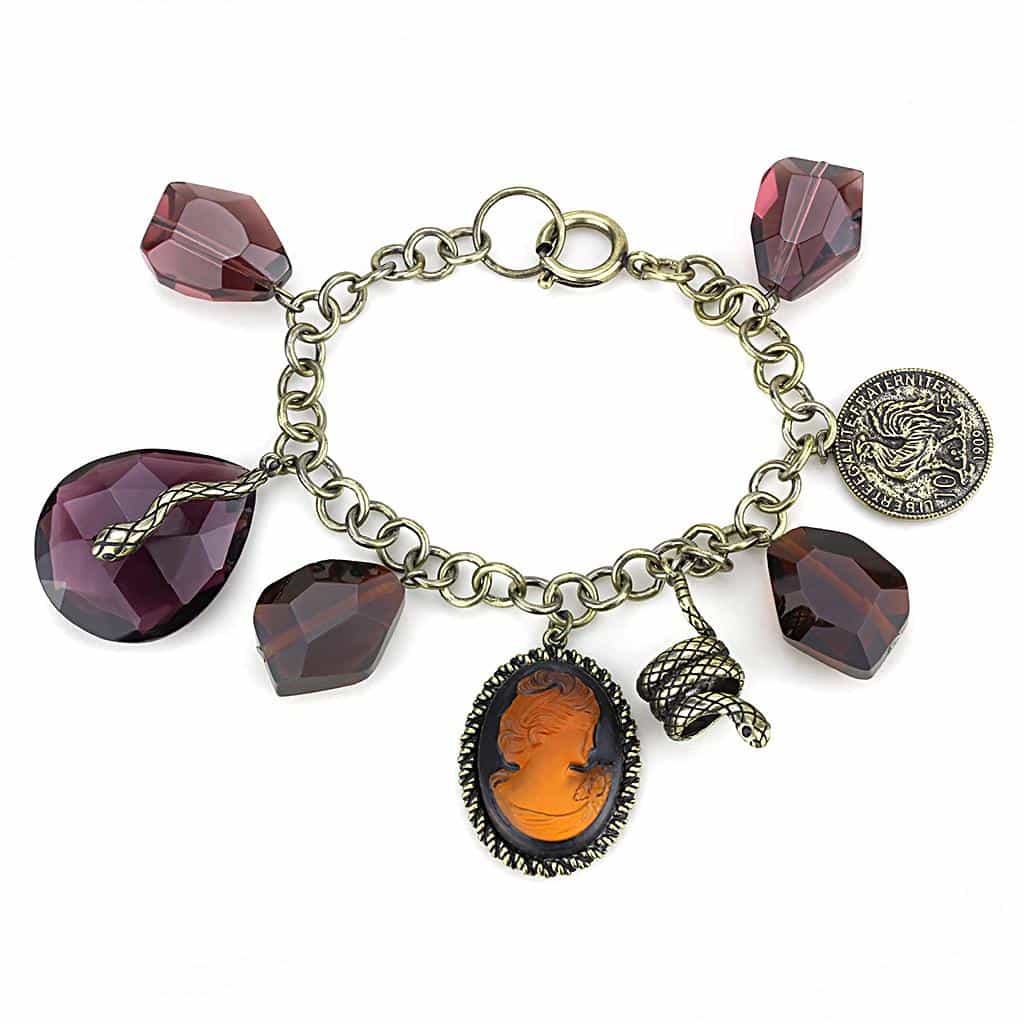 Brass Antique Gold Purple Crystal Cameo Charm Bracelet view 1