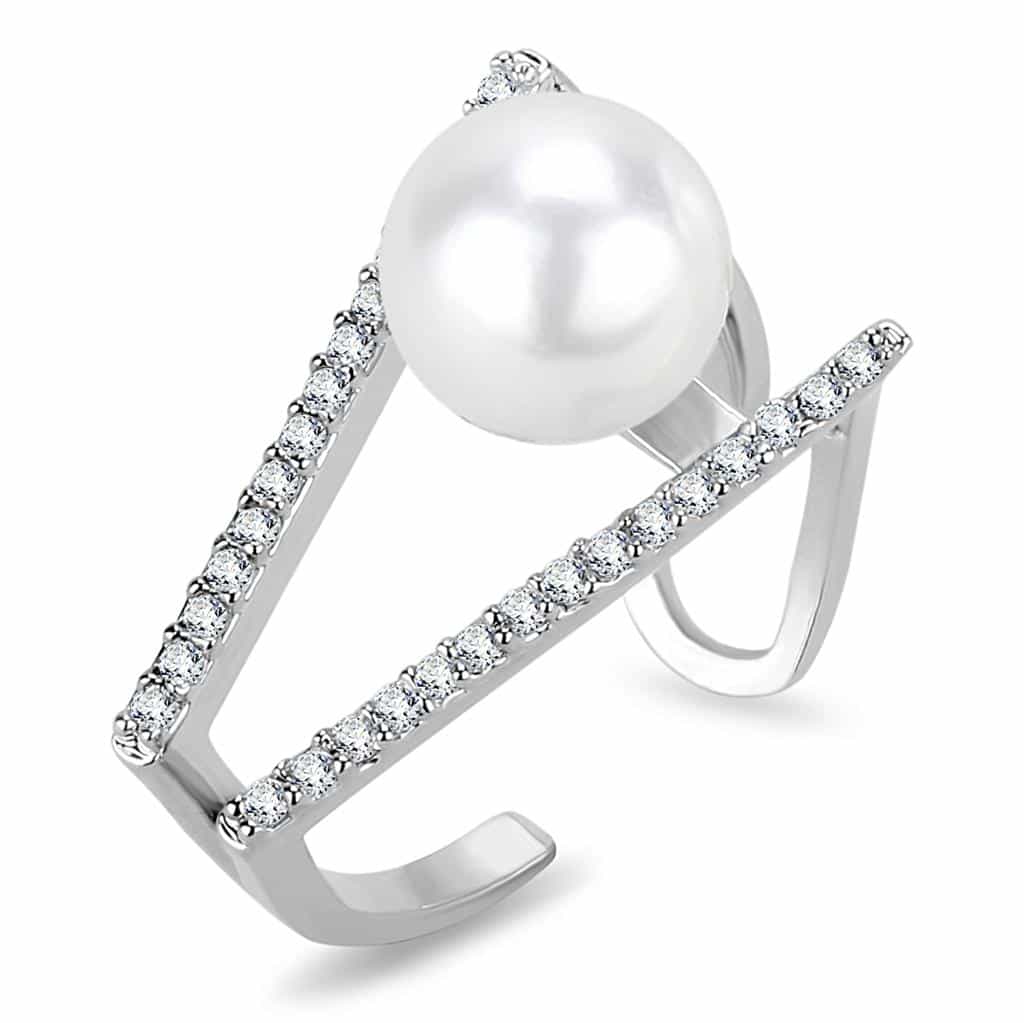 Brass Silver CZ Pearl V-Shape Open Ring | The Stainless Jewelry view 1