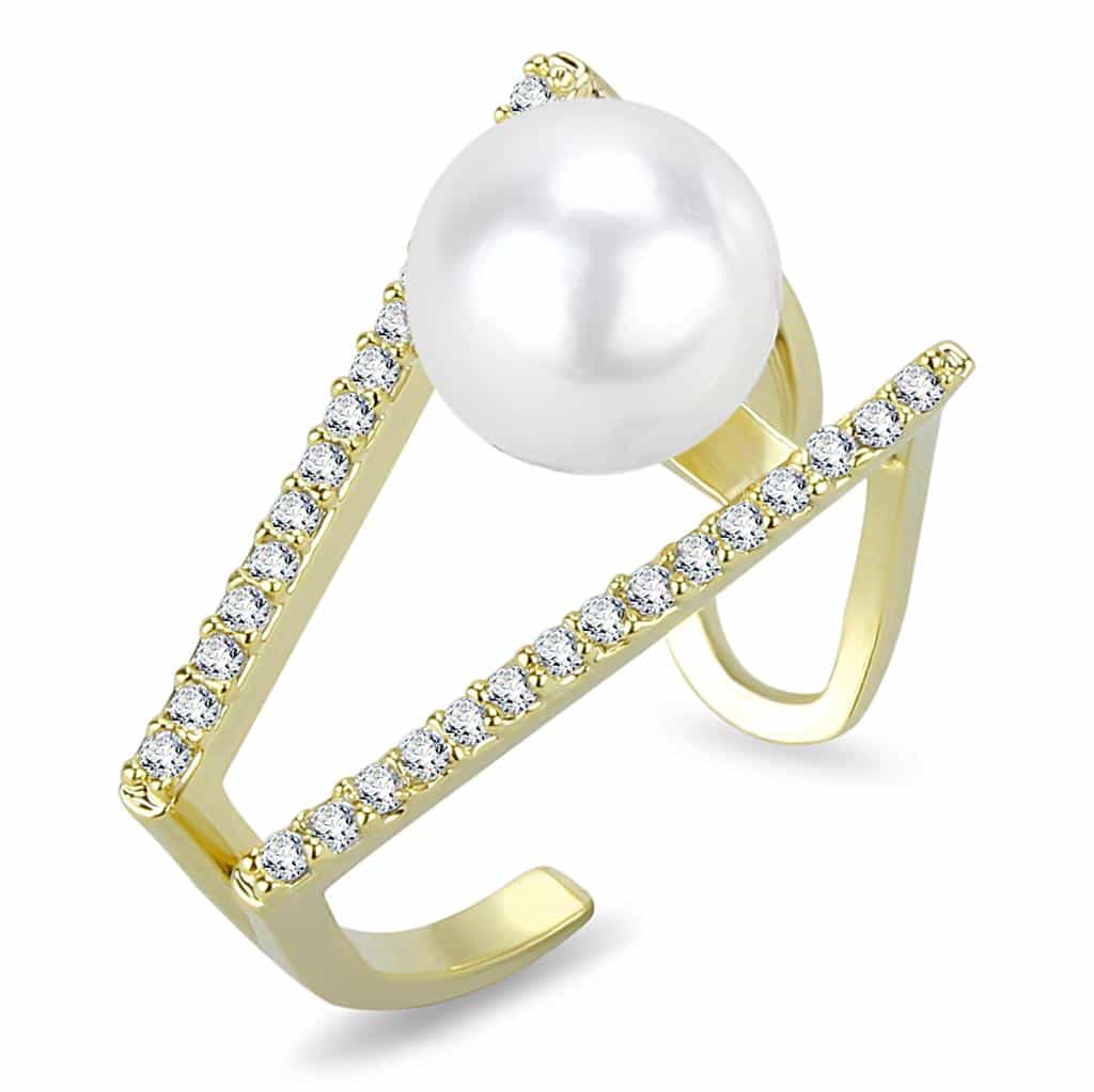 Brass Gold CZ Pearl V-Shape Open Ring | The Stainless Jewelry view 1