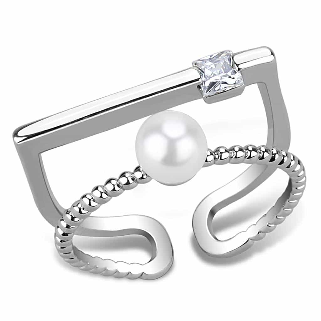 Brass Silver CZ Pearl Beaded Double Band Open Ring view 1