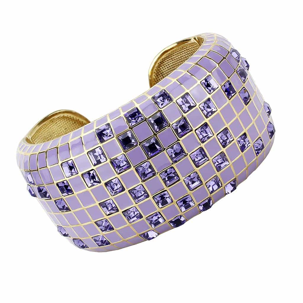 Brass Gold Lavender Enamel Crystal Grid Wide Cuff Bangle Bracelet view 1
