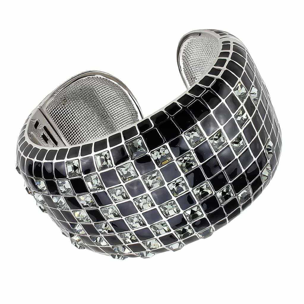 Brass Gunmetal Black Enamel CZ Stripe Wide Cuff Bangle Bracelet view 1