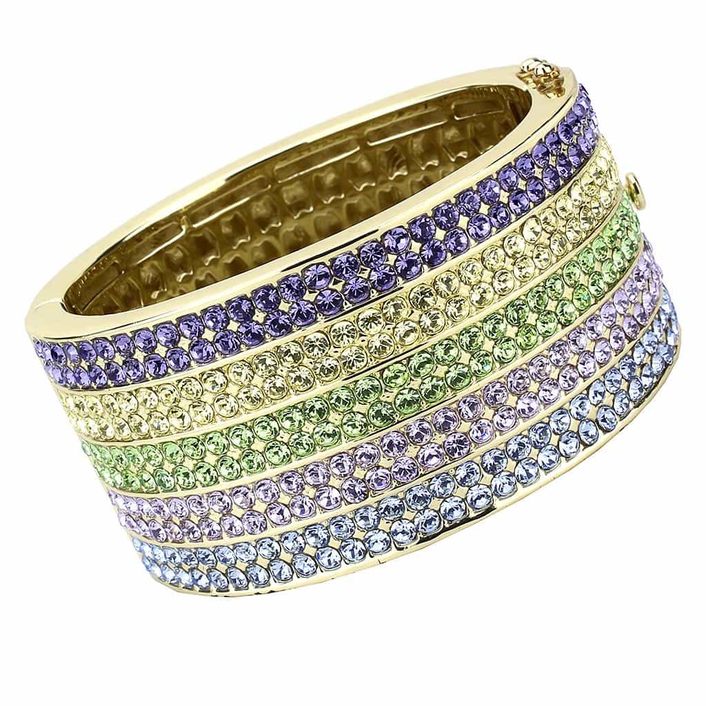 Brass Gold Multicolor Crystal Pave Striped Bangle Bracelet view 1