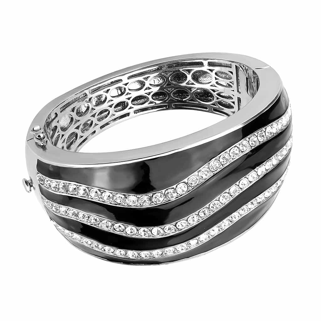 Brass Silver Black Enamel CZ Stripe Bangle Bracelet view 1
