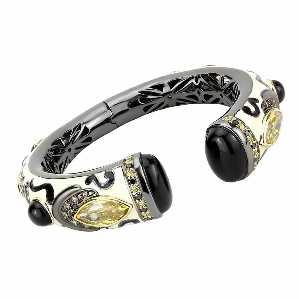 Brass Two Tone Black Onyx Marquise Crystal Hinged Bangle Bracelet view 1