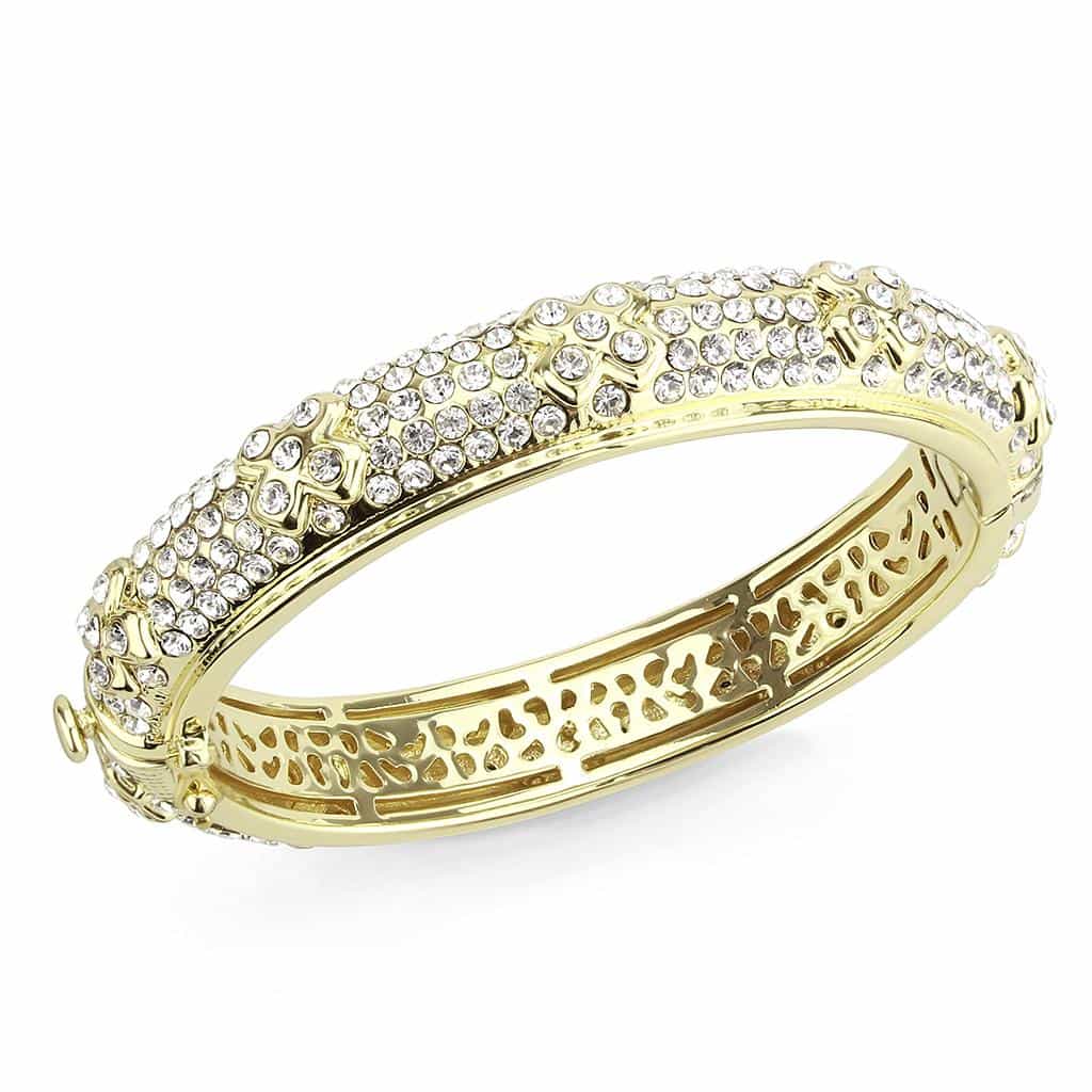 Brass Gold Crystal Pave Filigree Hinged Bangle Bracelet view 1