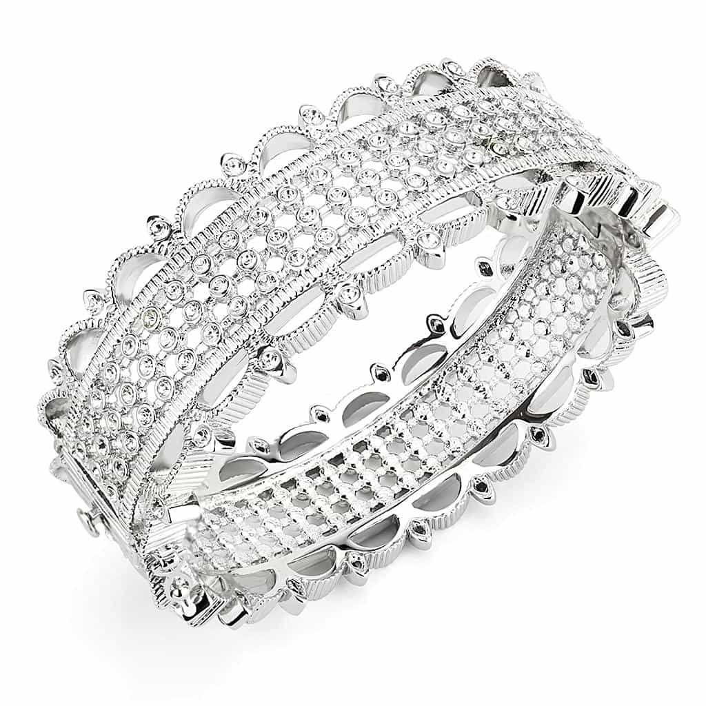 Brass Silver CZ Pave Filigree Wide Bangle Bracelet view 1