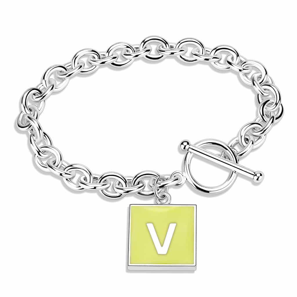 Brass Silver Letter V Initial Charm Toggle Bracelet view 1