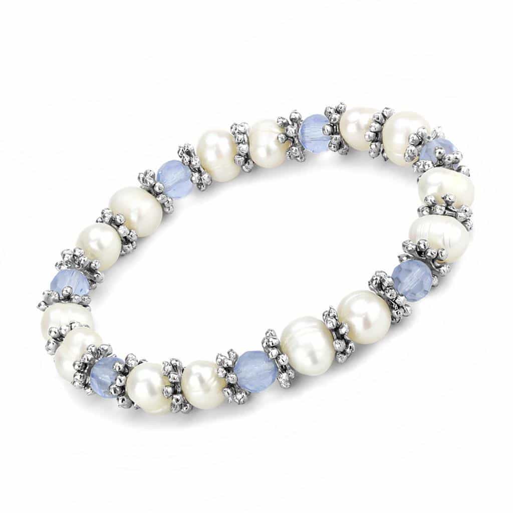 Brass Silver Pearl Blue Crystal Bead Stretch Bracelet view 1