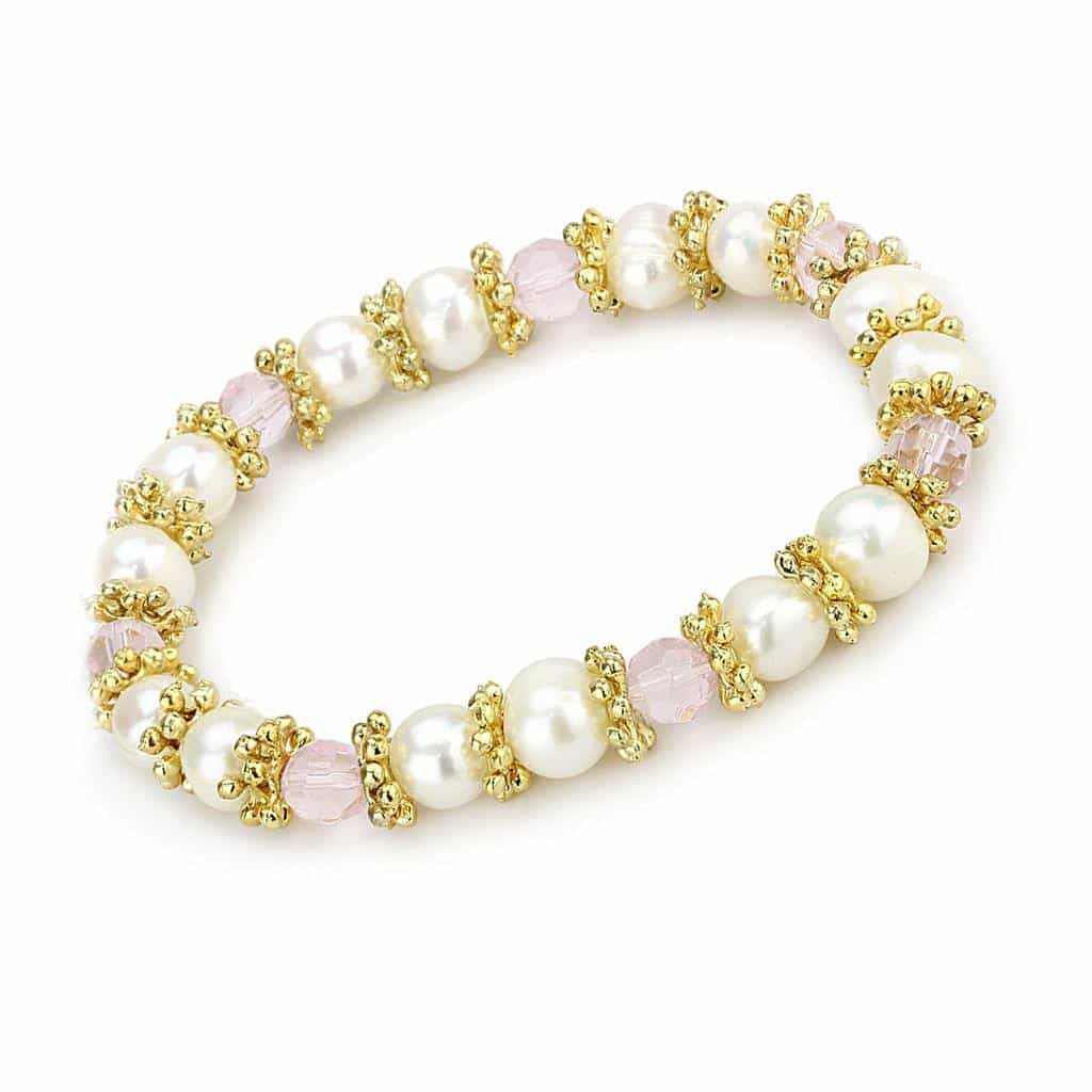 Brass Gold Pearl Pink Crystal Bead Stretch Bracelet view 1