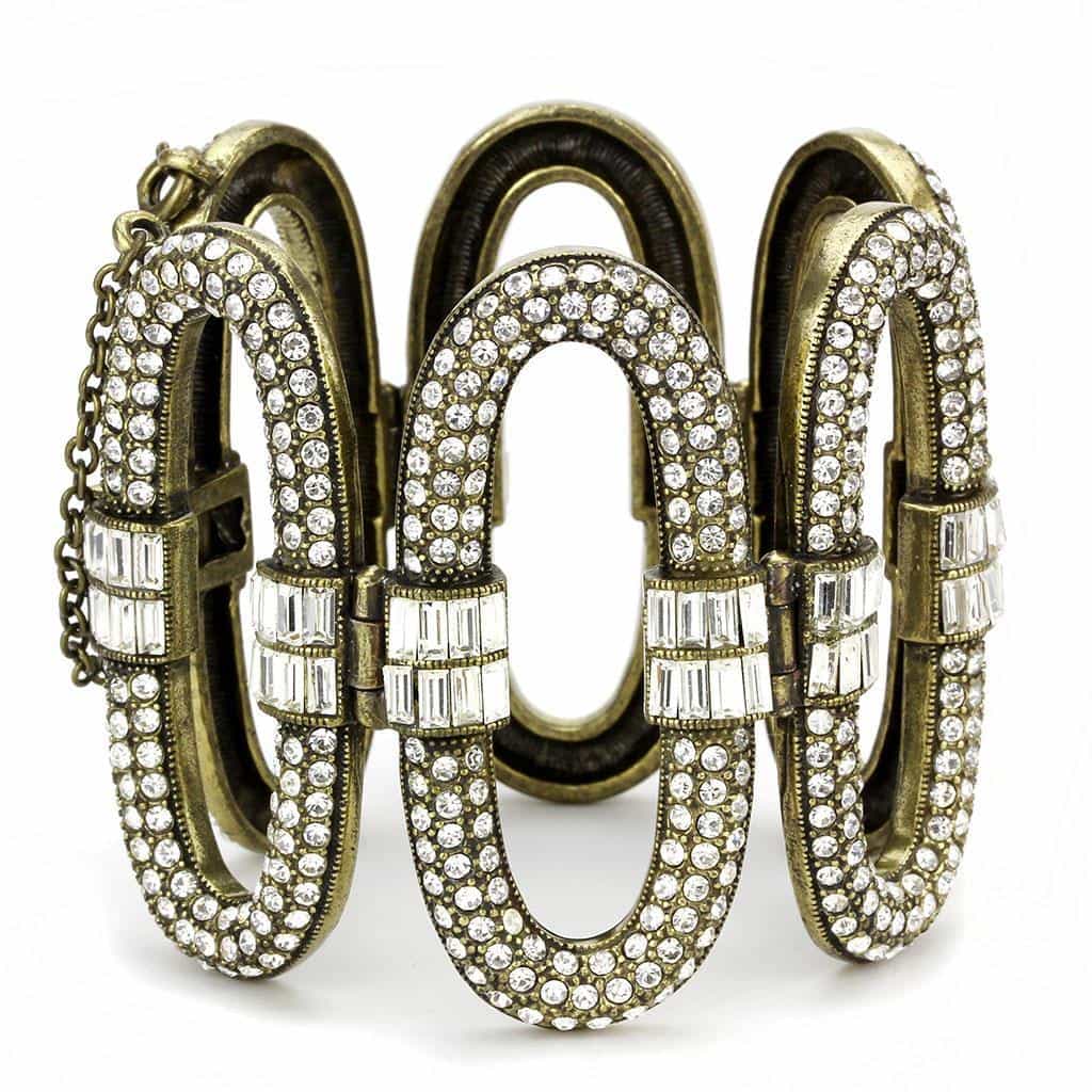 Brass Antique Gold Crystal Pave Oval Link Statement Bracelet view 1