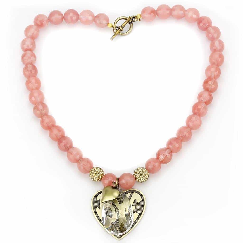 Brass Gold Rose Quartz Bead Love Heart Pendant Necklace view 1