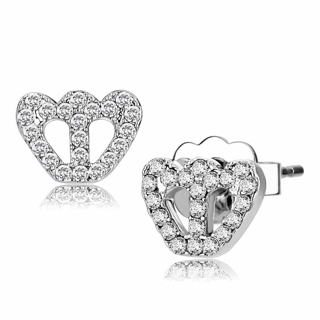 Brass Silver CZ Heart Stud Earrings LO4673 view 1
