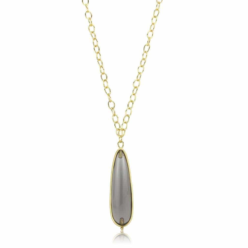 Brass Gold Gray Agate Elongated Teardrop Pendant Necklace view 1