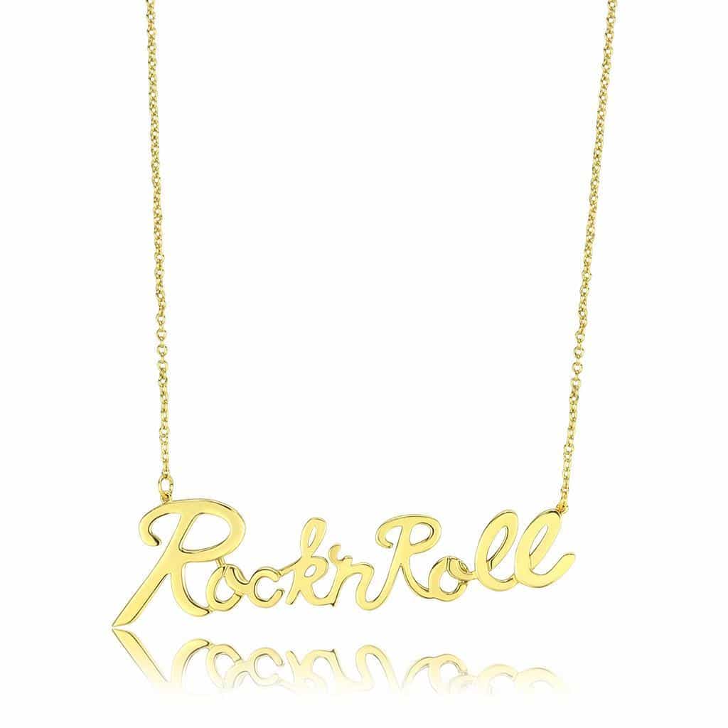 Brass Gold Rock N Roll Script Pendant Necklace view 1