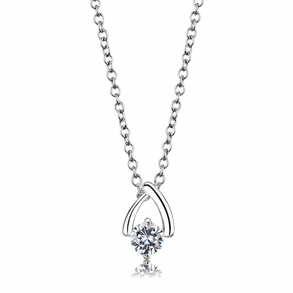 Brass Silver CZ Wishbone Solitaire Pendant Necklace view 1