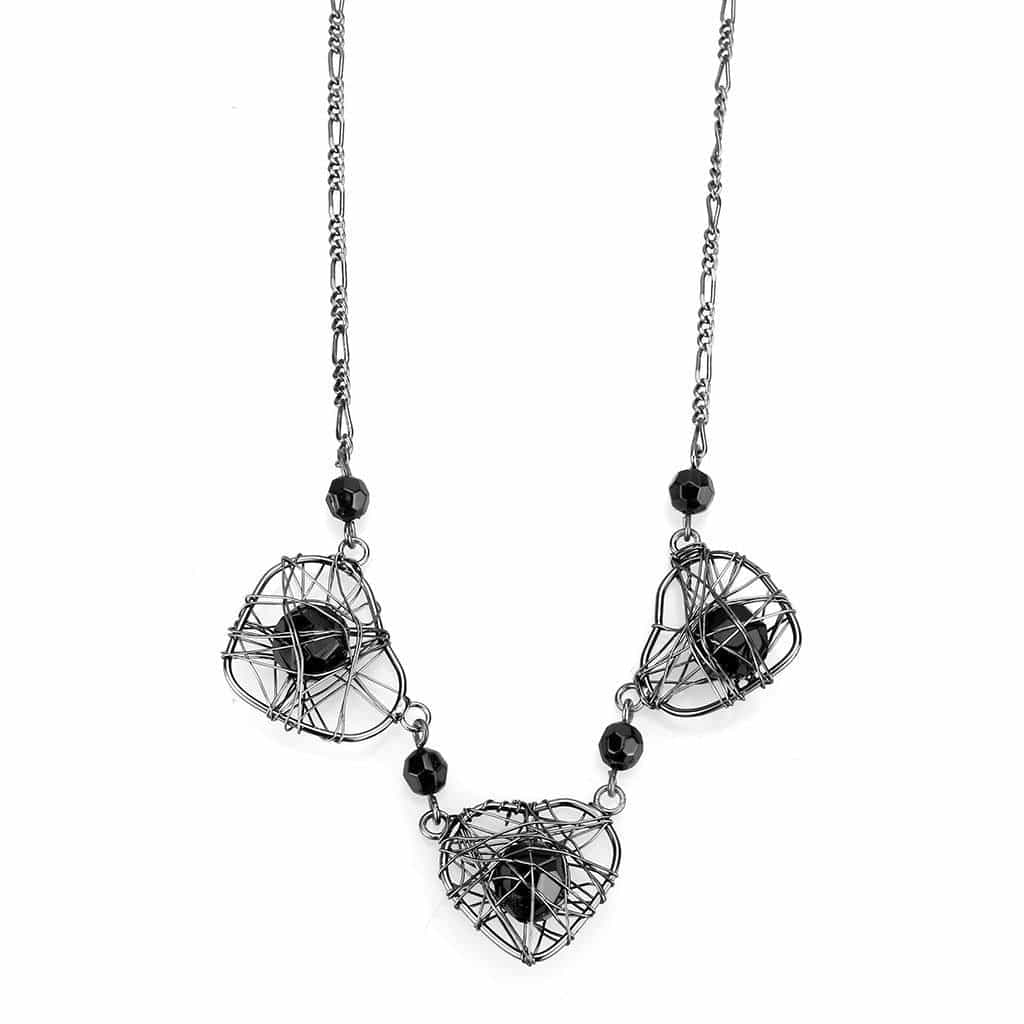 Brass Gunmetal Black Bead Wire Cage Heart Pendant Necklace view 1