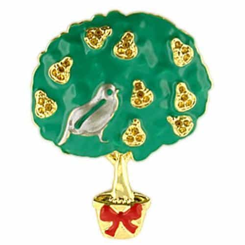 Brass Gold Enamel Bird Tree CZ Brooch | The Stainless Jewelry view 1