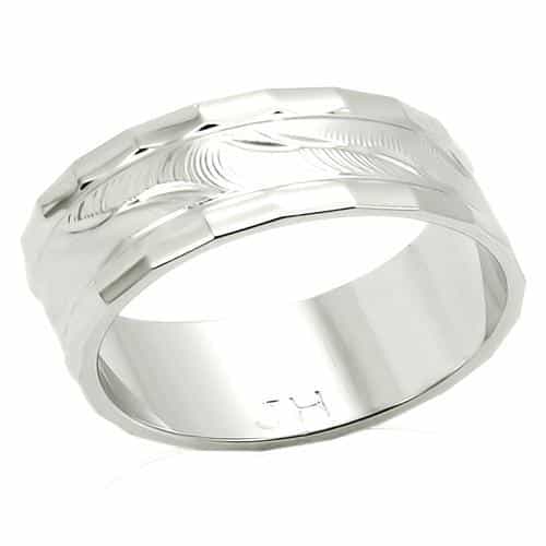 Brass Silver Engraved Leaf Wide Band Ring | The Stainless Jewelry view 1
