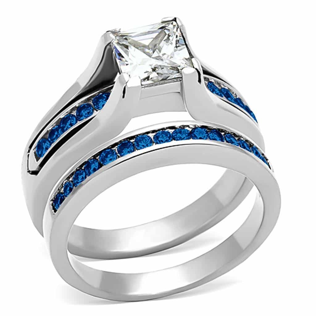 Stainless Steel Silver Blue Sapphire CZ Princess Channel Ring view 1