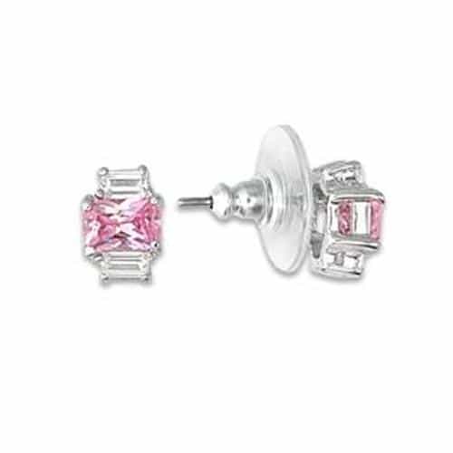Sterling Silver Pink CZ Emerald Cut Stud Earrings view 1