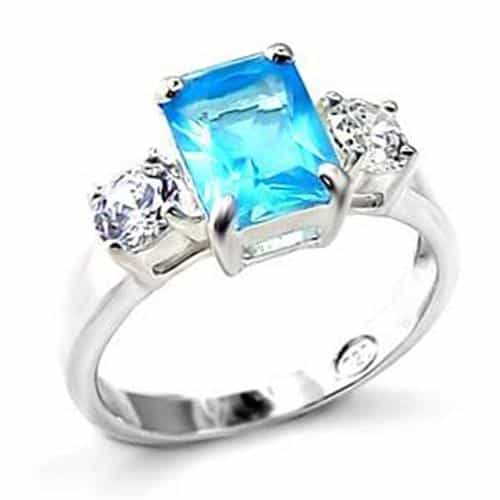 Sterling Silver Blue Topaz CZ Emerald Cut Three Stone Ring view 1