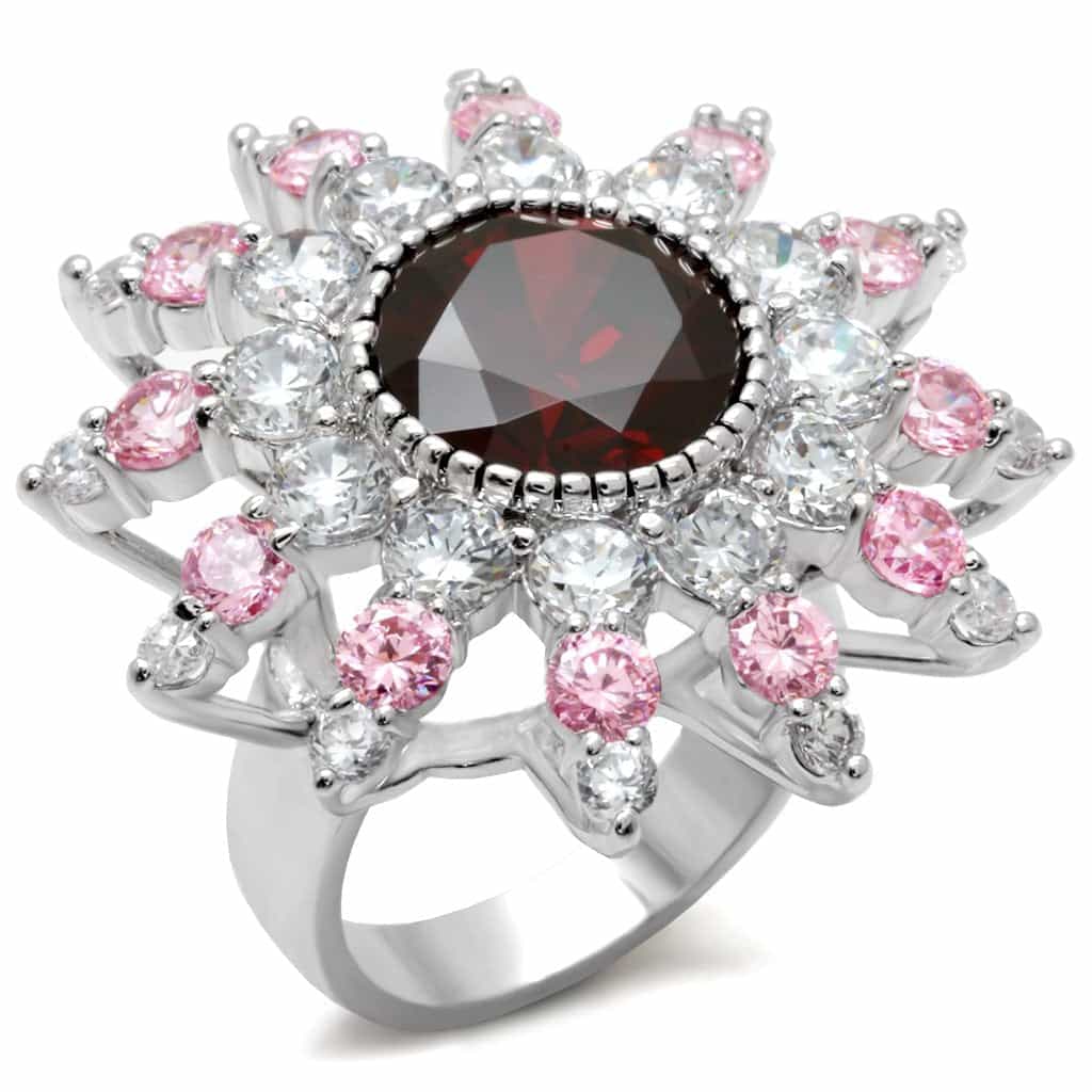 Brass Silver Garnet Red CZ Pink Flower Halo Cocktail Ring view 1