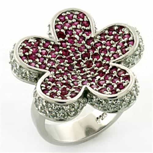 Sterling Silver Ruby Red CZ Pave Flower Cocktail Ring view 1