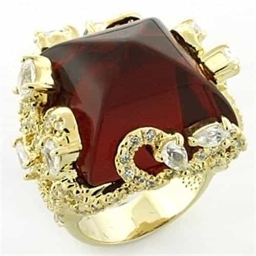 Brass Gold Dark Garnet CZ Square Filigree Cocktail Ring view 1