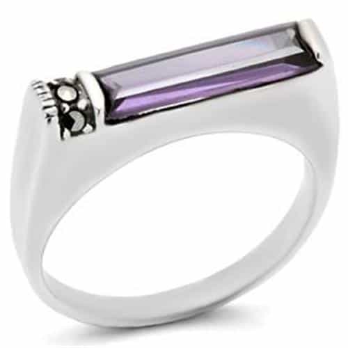 Sterling Silver Amethyst CZ Baguette Marcasite Flat Top Ring view 2