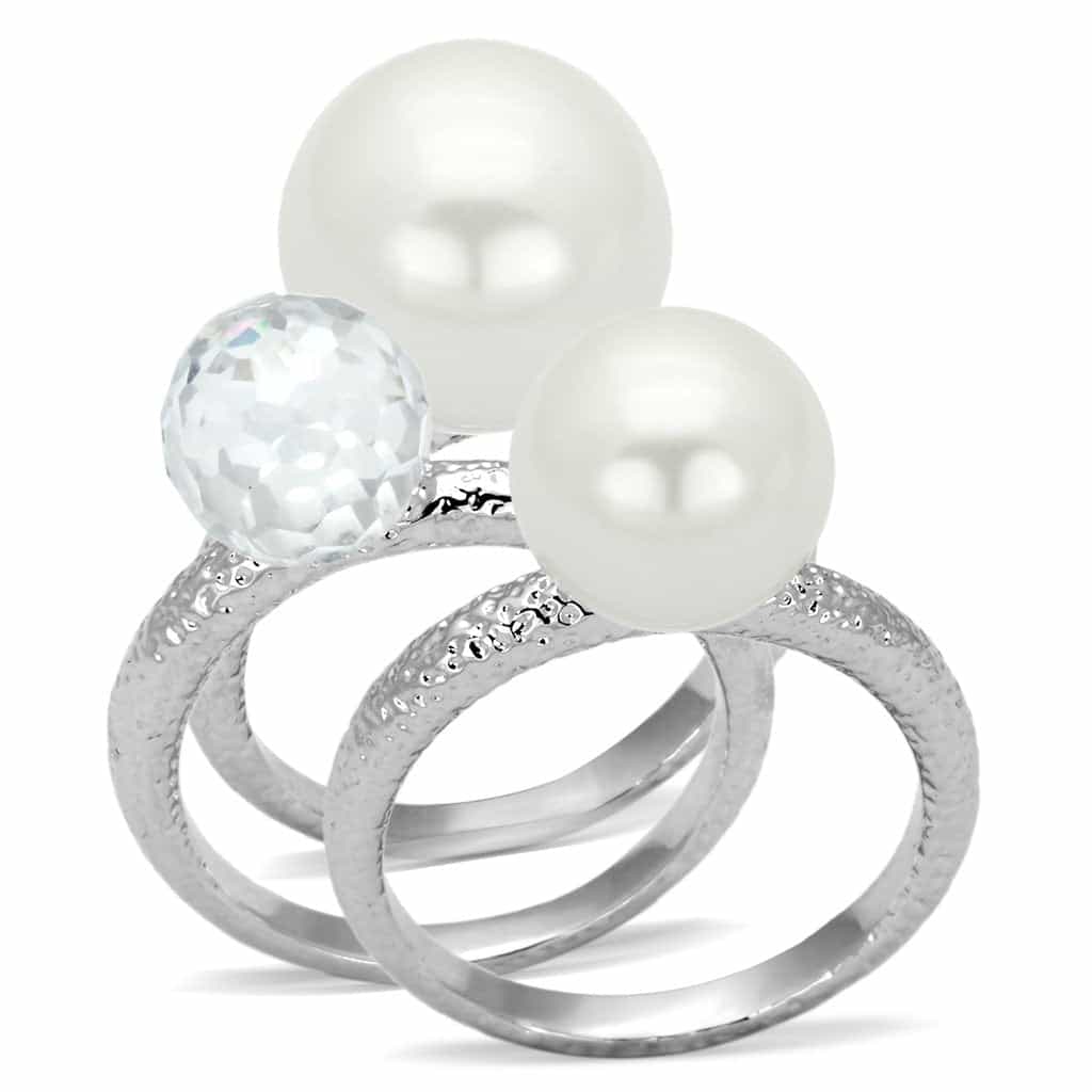 Brass Silver Pearl CZ Crystal Triple Band Cocktail Ring view 3