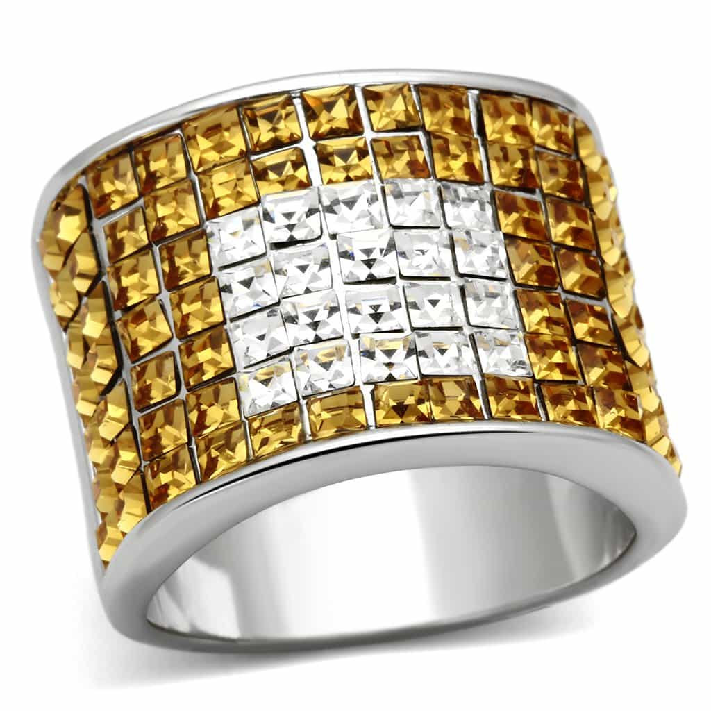 Brass Silver Citrine Yellow CZ Princess Grid Wide Band Ring view 3