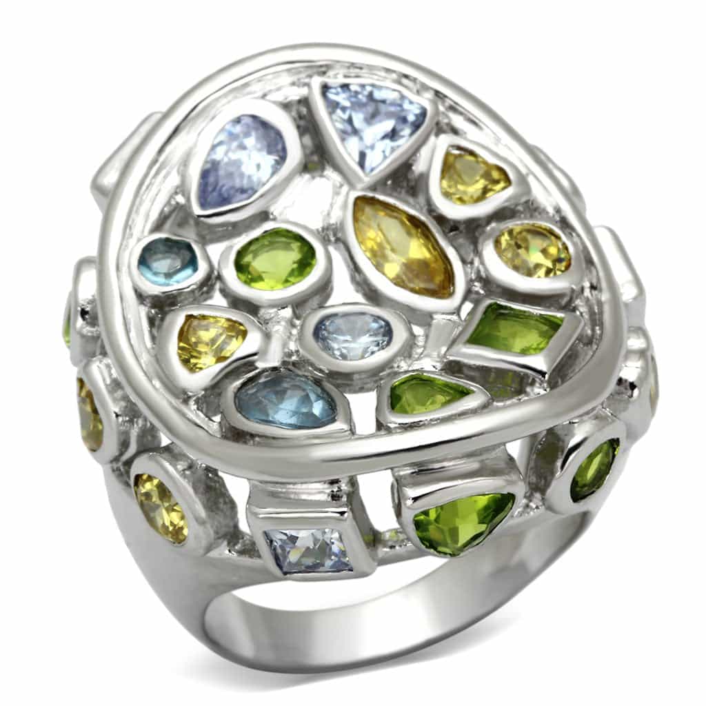 Brass Silver Multi Color CZ Bezel Cluster Dome Cocktail Ring view 1