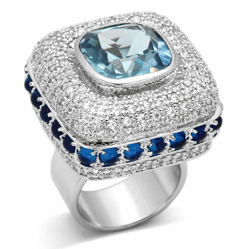Brass Silver Blue Topaz CZ Cushion Pave Sapphire Cocktail Ring view 3