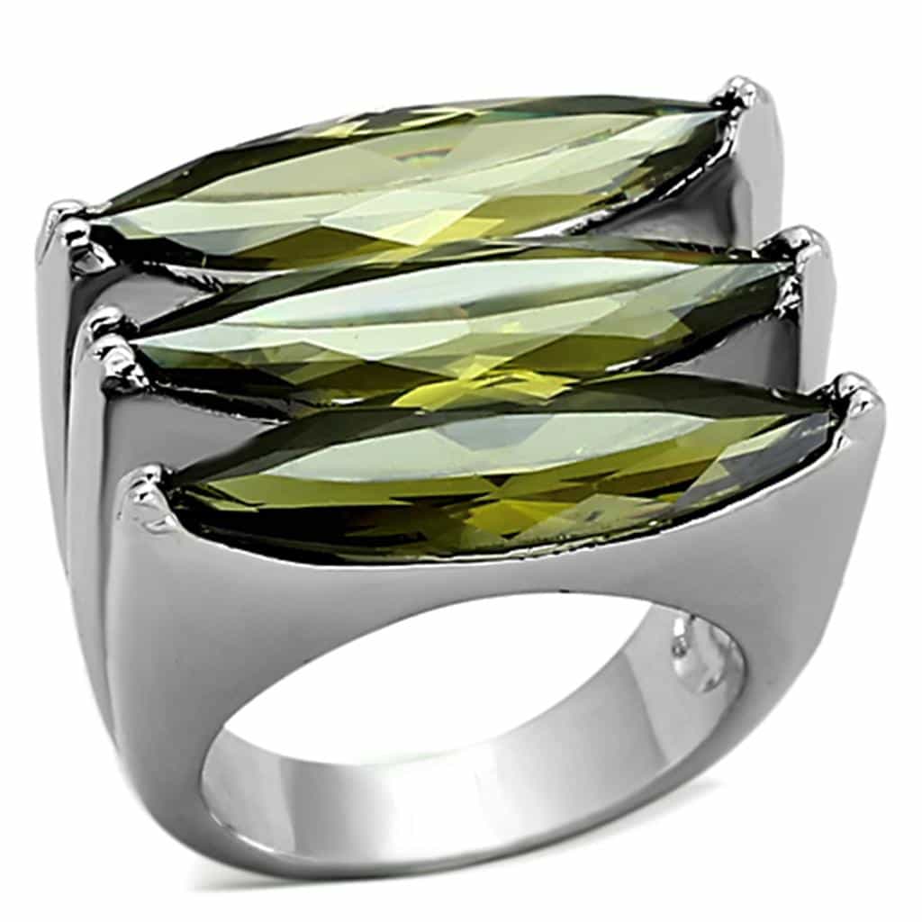 Brass Silver Olive Green CZ Triple Marquise Cocktail Ring view 1