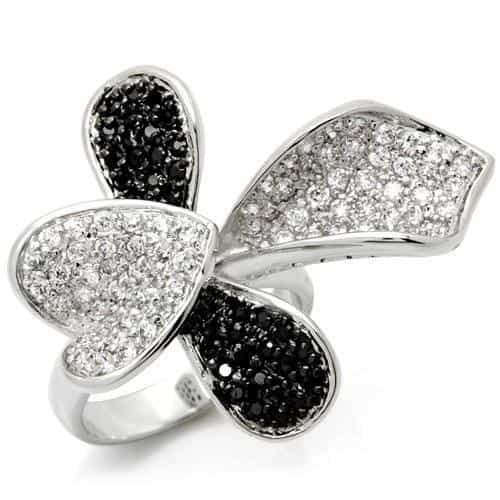 Brass Silver Black White CZ Butterfly Pave Cocktail Ring view 2