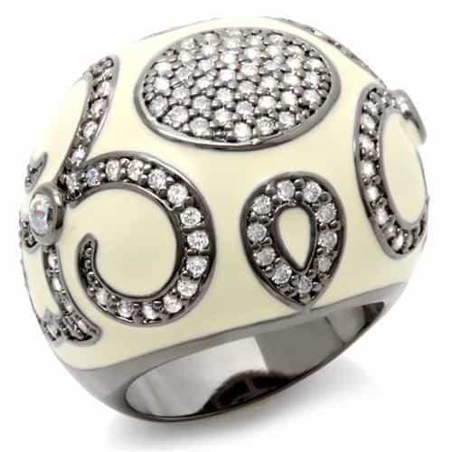 Brass Silver Ivory Enamel CZ Swirl Dome Cocktail Ring view 1