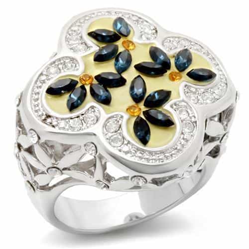 Brass Silver Blue Sapphire CZ Flower Clover Enamel Cocktail Ring view 1