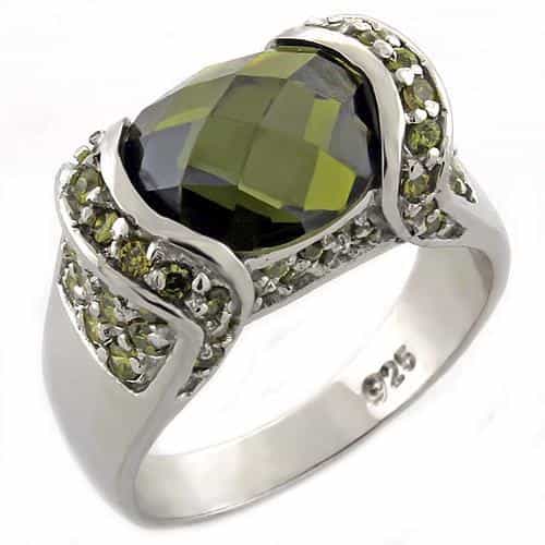 Sterling Silver Olive Green CZ Cushion Pave Halo Ring view 1