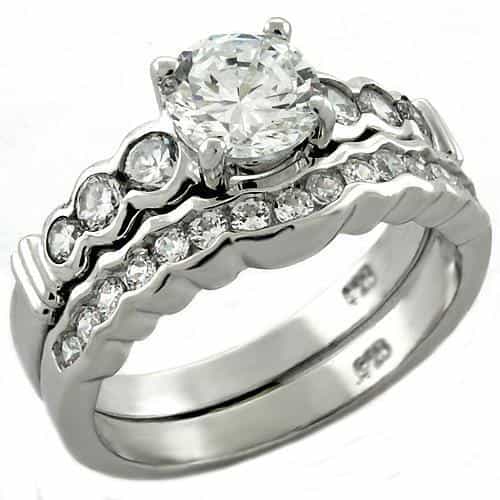 Sterling Silver CZ Round Bezel Twist Bridal Ring Set Ring view 2