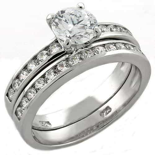 Sterling Silver CZ Round Solitaire Channel Bridal Ring Set Ring view 1