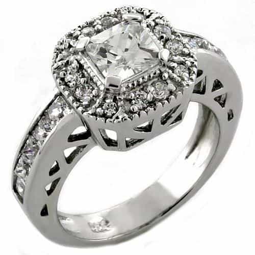 Sterling Silver CZ Cushion Halo Filigree Ring view 2